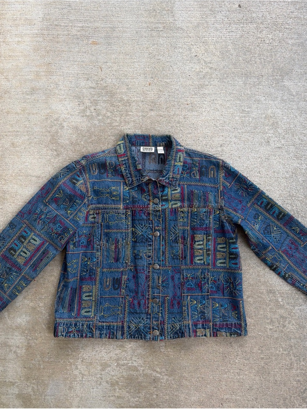 Chico's Multicolor Embroidered Tribal Blue Denim Jacket Size 3/ XL? - Picture 9 of 16